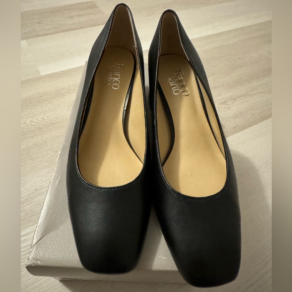 New Franco Sarto Guliana Pump Block Heels Black Leather Square Toe Size 7.5M